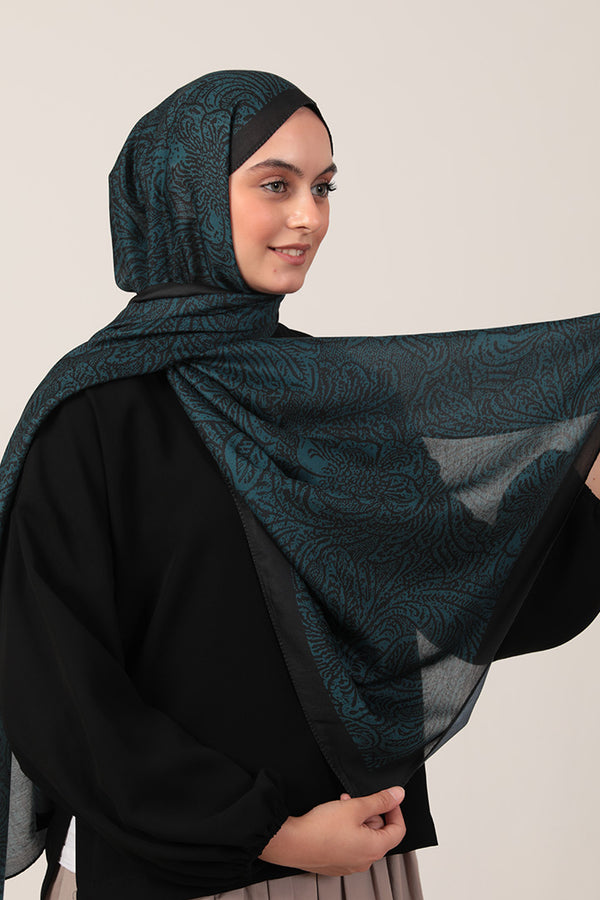Pamuk İpek Şal - Lalezar Desen - Petrol Yeşili