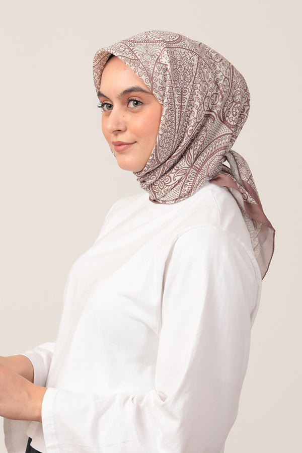 Pamuk İpek Eşarp - Sarmaşık Desen - Tatlı Kahve Ekru