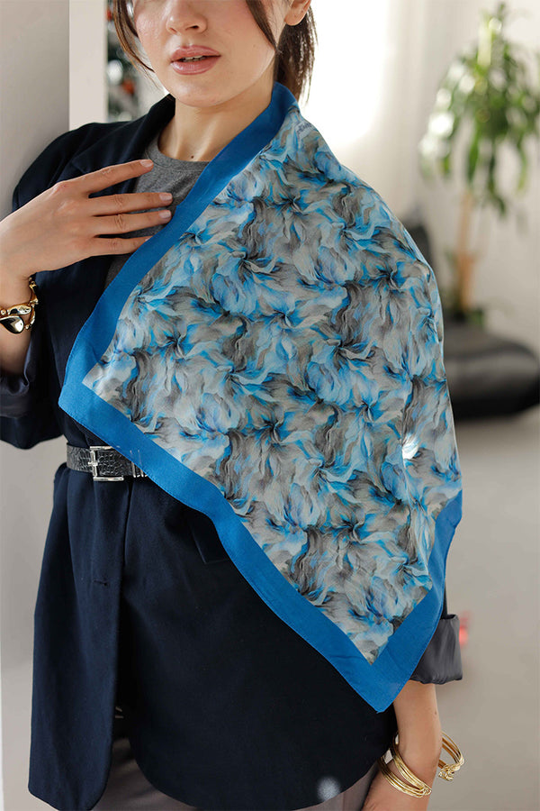 %100 Organik Pamuk Fular - Ebru Desen - Mavi