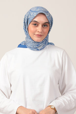 Pamuk İpek Eşarp - Sarmaşık Desen - Saks Mavisi