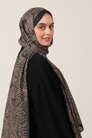 Pamuk İpek Şal - Lalezar Desen - Siyah Gold