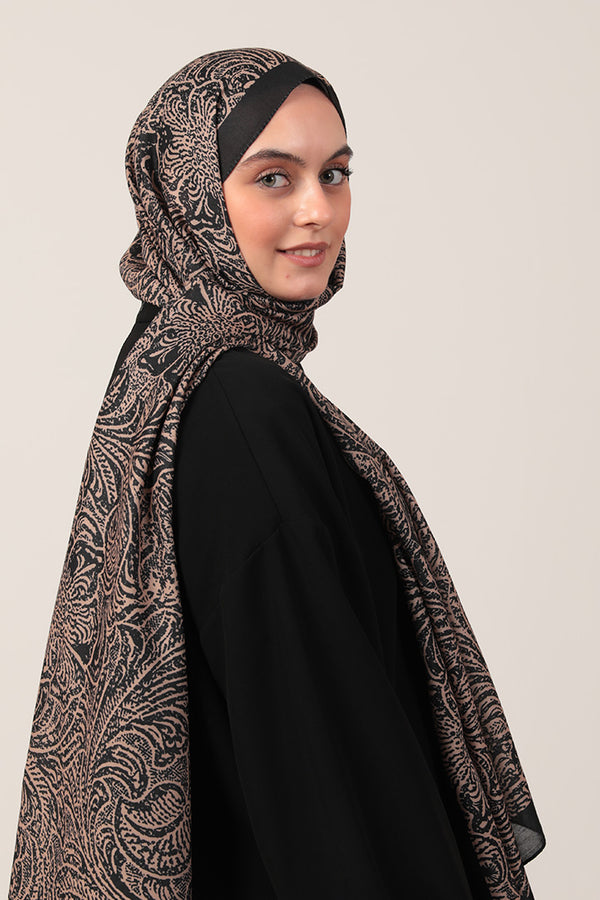 Pamuk İpek Şal - Lalezar Desen - Siyah Gold