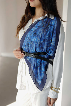 %100 Organik Pamuk Fular - Ebru Desen - Lacivert