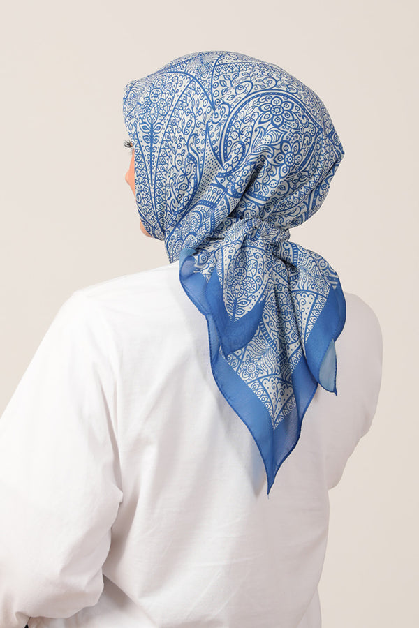 Pamuk İpek Eşarp - Sarmaşık Desen - Saks Mavisi