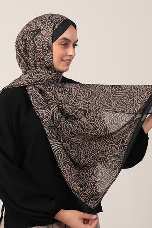 Pamuk İpek Şal - Lalezar Desen - Siyah Gold