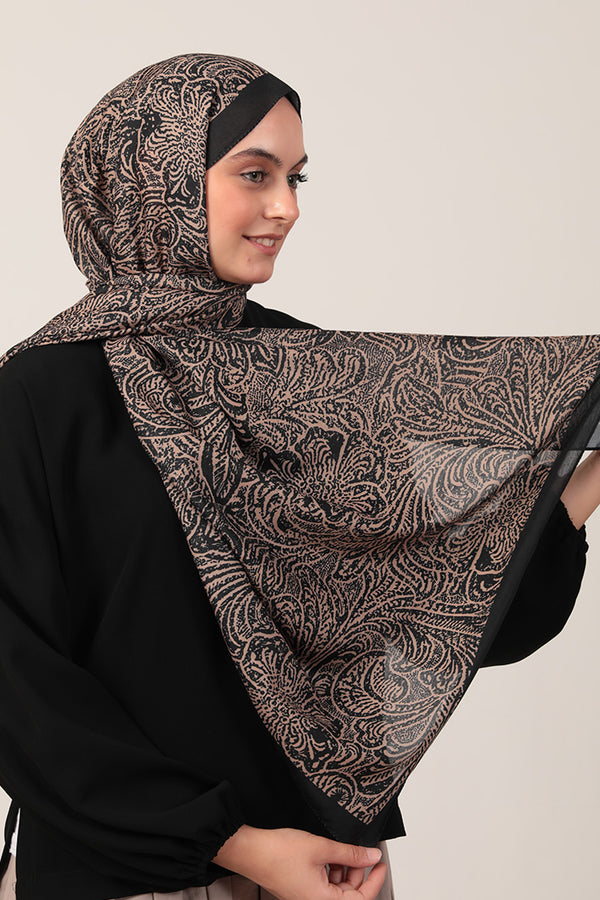 Pamuk İpek Şal - Lalezar Desen - Siyah Gold