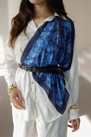 %100 Organik Pamuk Fular - Ebru Desen - Lacivert