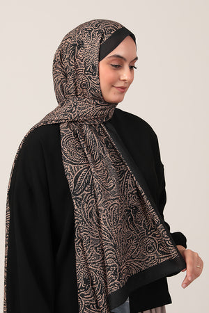 Pamuk İpek Şal - Lalezar Desen - Siyah Gold