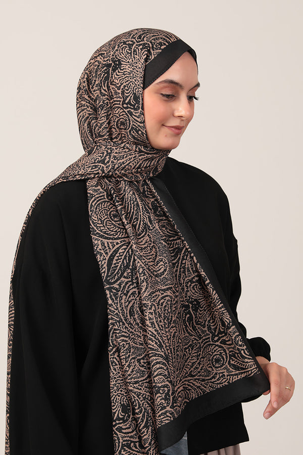 Pamuk İpek Şal - Lalezar Desen - Siyah Gold