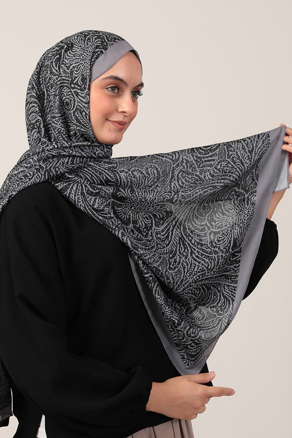 Pamuk İpek Şal - Lalezar Desen - Siyah Füme