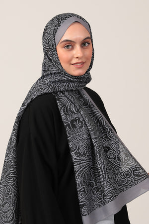 Pamuk İpek Şal - Lalezar Desen - Siyah Füme