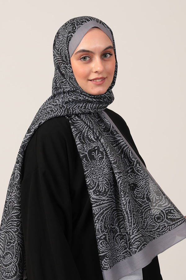 Pamuk İpek Şal - Lalezar Desen - Siyah Füme