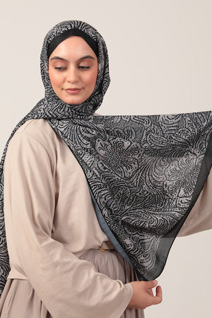 Pamuk İpek Şal - Lalezar Desen - Siyah Vizon