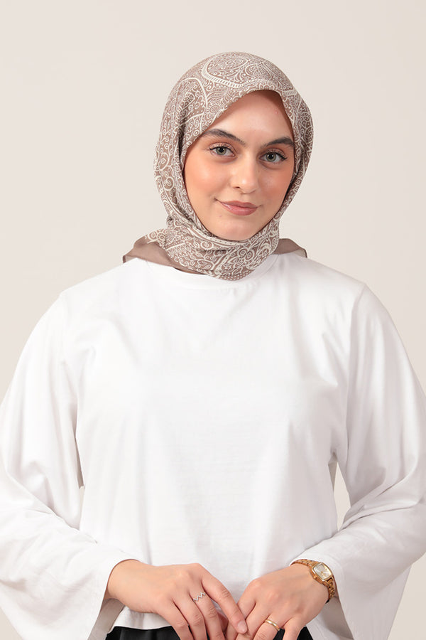 Pamuk İpek Eşarp - Sarmaşık Desen - Vizon