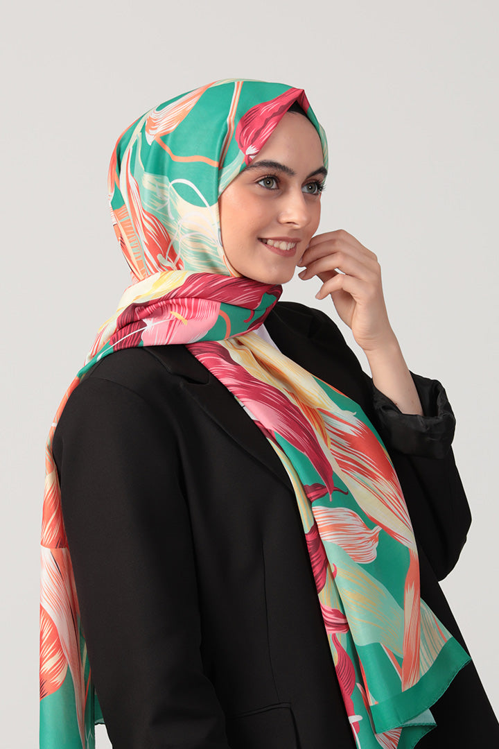 Pamuk İpek Şal - Tropik Desen - Benetton Yeşili