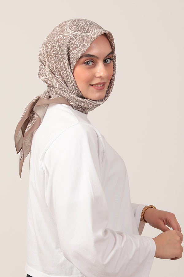 Pamuk İpek Eşarp - Sarmaşık Desen - Vizon