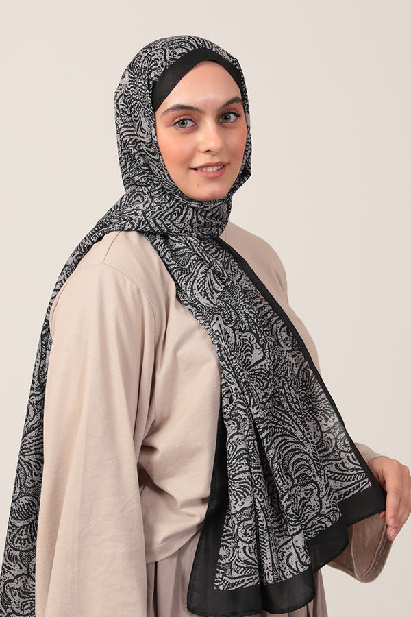 Pamuk İpek Şal - Lalezar Desen - Siyah Vizon