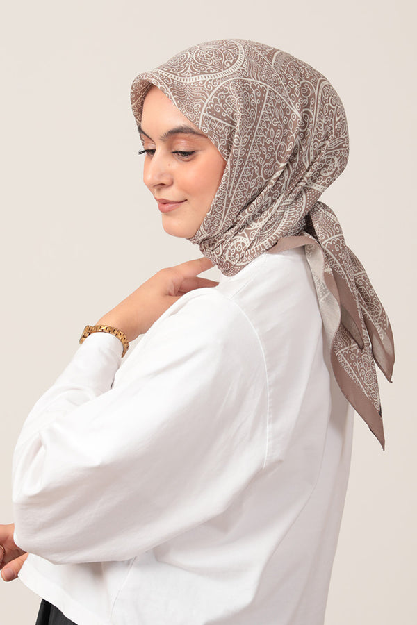 Pamuk İpek Eşarp - Sarmaşık Desen - Vizon