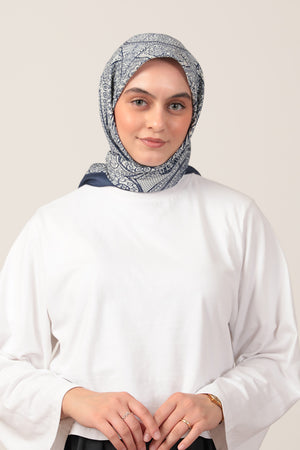 Pamuk İpek Eşarp - Sarmaşık Desen - Lacivert Ekru