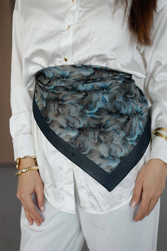 %100 Organik Pamuk Fular - Ebru Desen - Petrol Mavisi