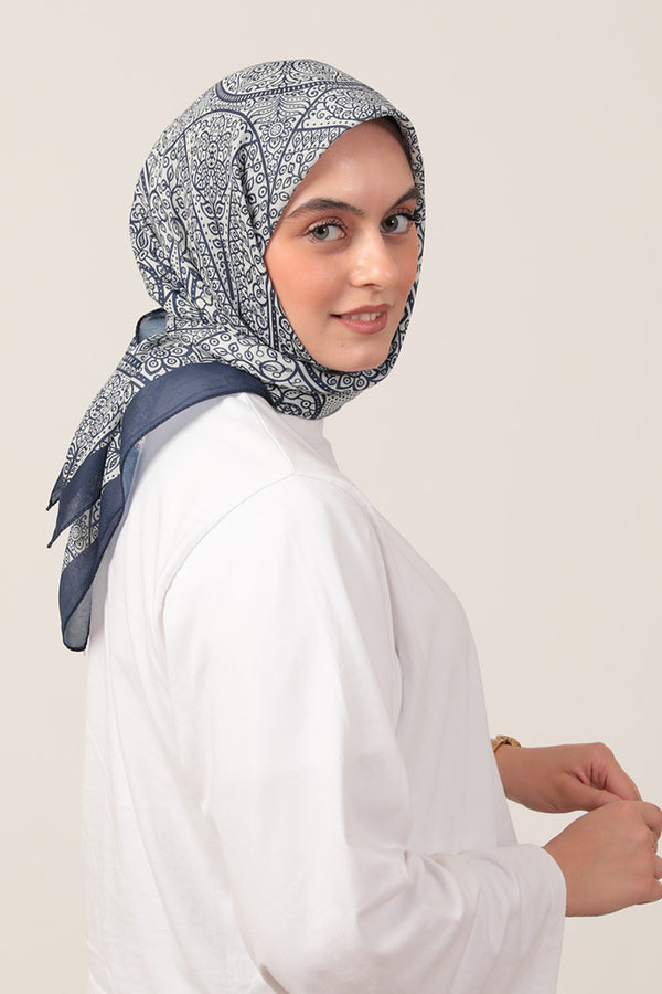 Pamuk İpek Eşarp - Sarmaşık Desen - Lacivert Ekru
