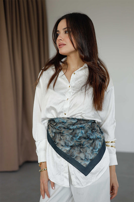 %100 Organik Pamuk Fular - Ebru Desen - Petrol Mavisi