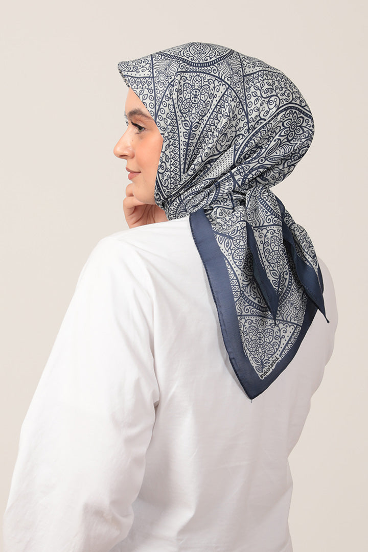 Pamuk İpek Eşarp - Sarmaşık Desen - Lacivert Ekru