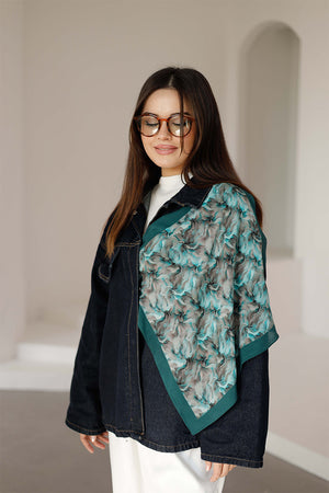 %100 Organik Pamuk Fular - Ebru Desen - Petrol Yeşili