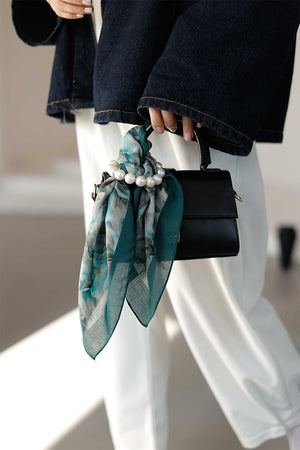 %100 Organik Pamuk Fular - Ebru Desen - Petrol Yeşili