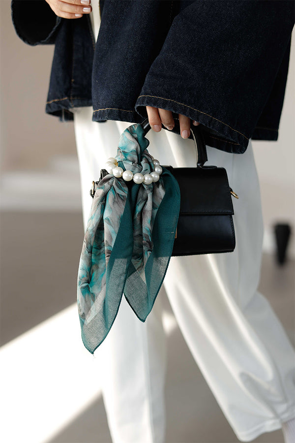 %100 Organik Pamuk Fular - Ebru Desen - Petrol Yeşili