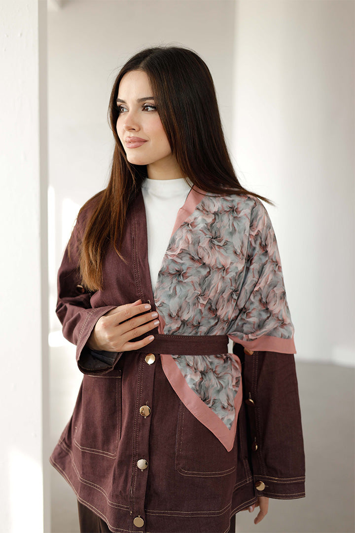 %100 Organik Pamuk Fular - Ebru Desen - Pudra