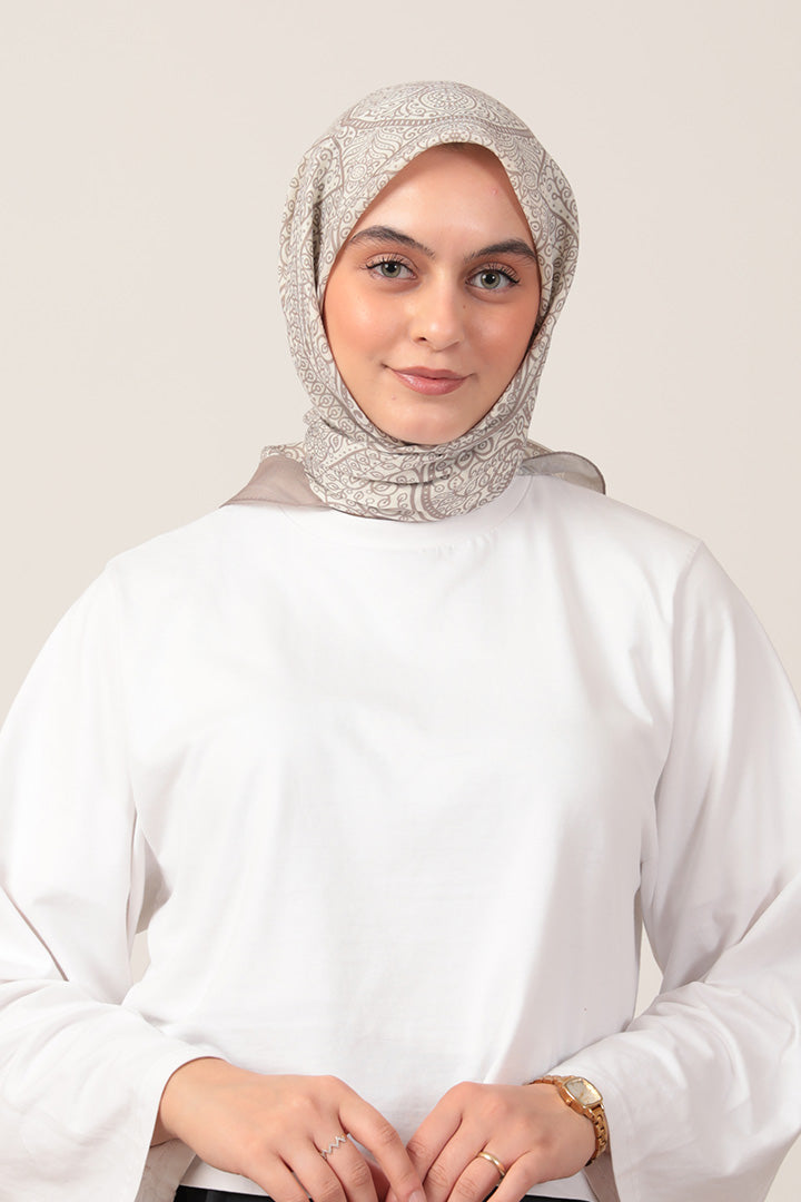 Pamuk İpek Eşarp - Sarmaşık Desen - Taş Ekru