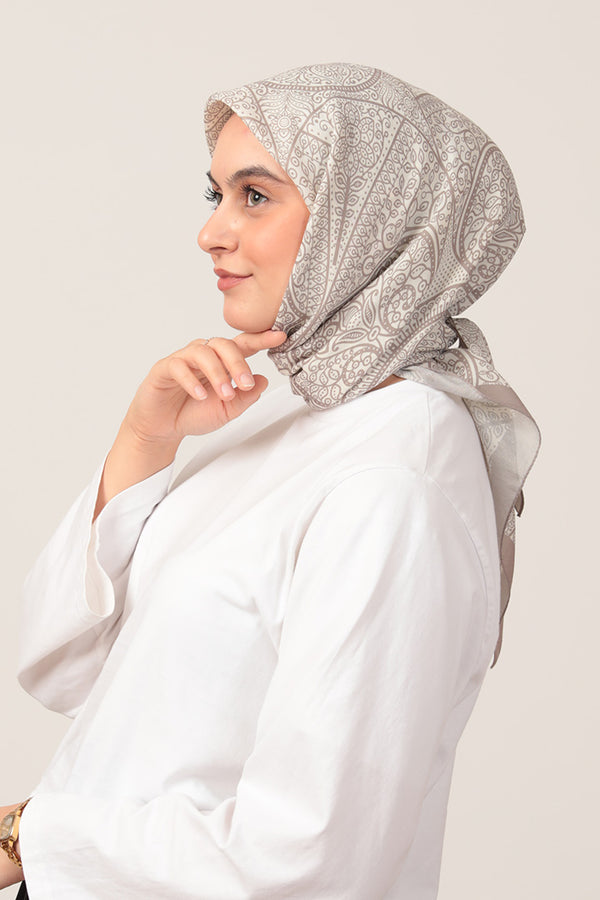 Pamuk İpek Eşarp - Sarmaşık Desen - Taş Ekru