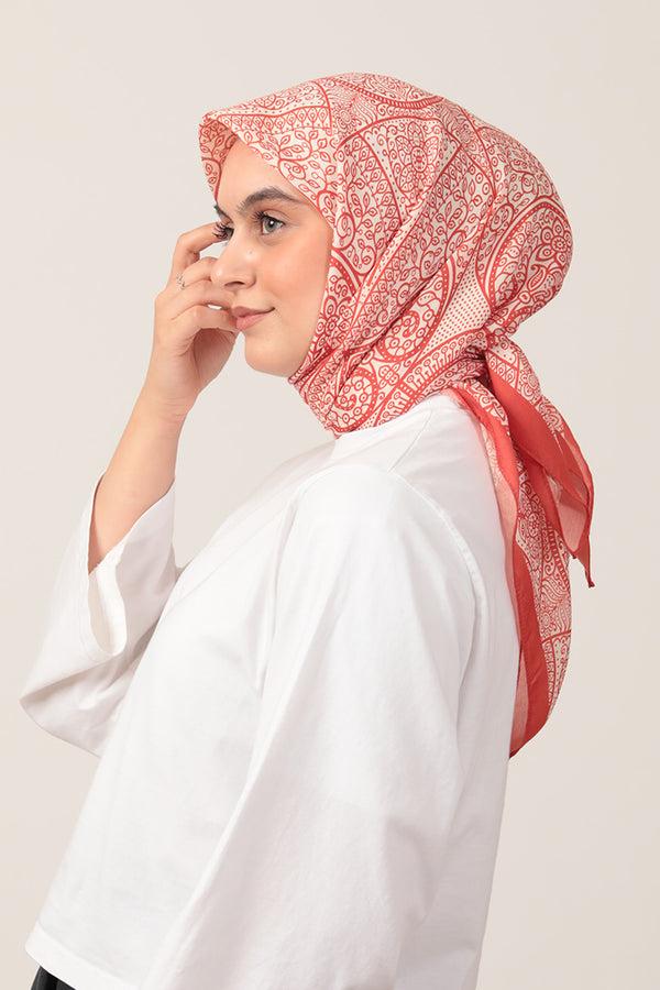 Pamuk İpek Eşarp - Sarmaşık Desen - Turuncu