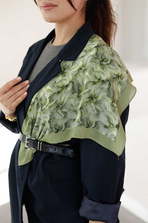 %100 Organik Pamuk Fular - Ebru Desen - Yeşil