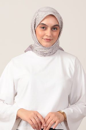 Pamuk İpek Eşarp - Sarmaşık Desen - Lila Ekru