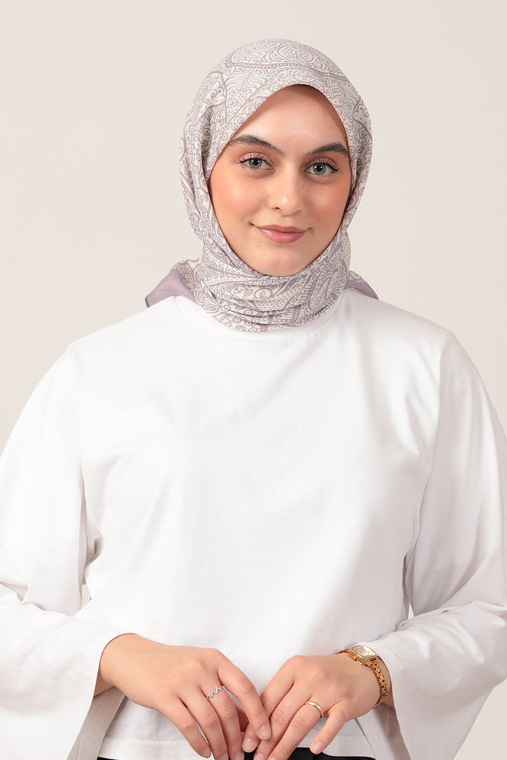 Pamuk İpek Eşarp - Sarmaşık Desen - Lila Ekru