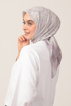 Pamuk İpek Eşarp - Sarmaşık Desen - Lila Ekru