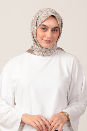 Pamuk İpek Eşarp - Sarmaşık Desen - Vizon Ekru