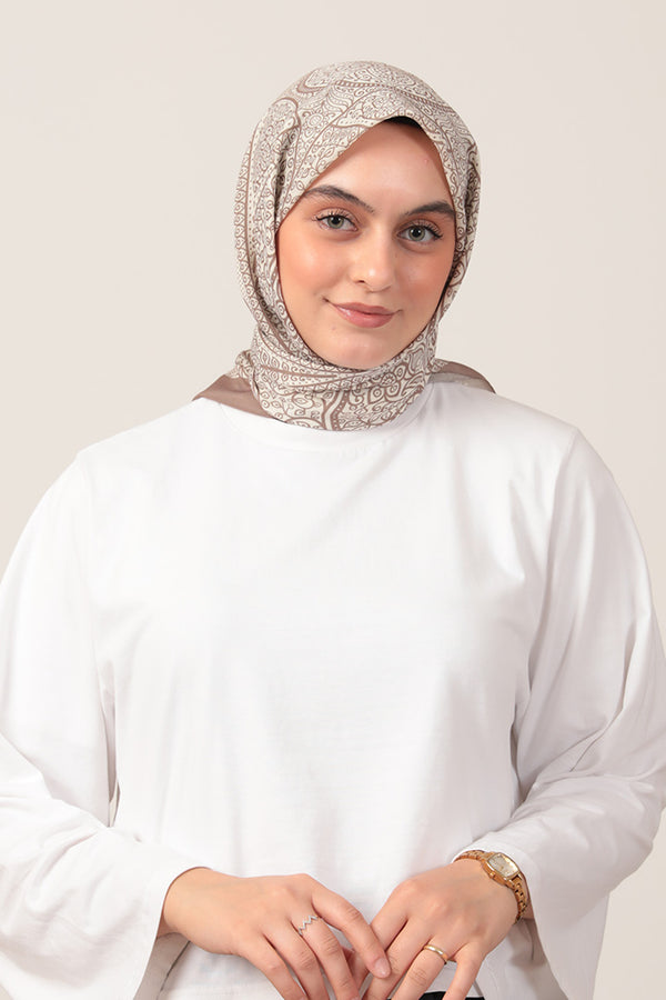 Pamuk İpek Eşarp - Sarmaşık Desen - Vizon Ekru