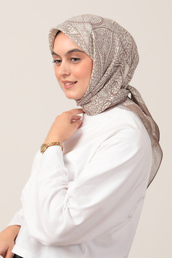 Pamuk İpek Eşarp - Sarmaşık Desen - Vizon Ekru