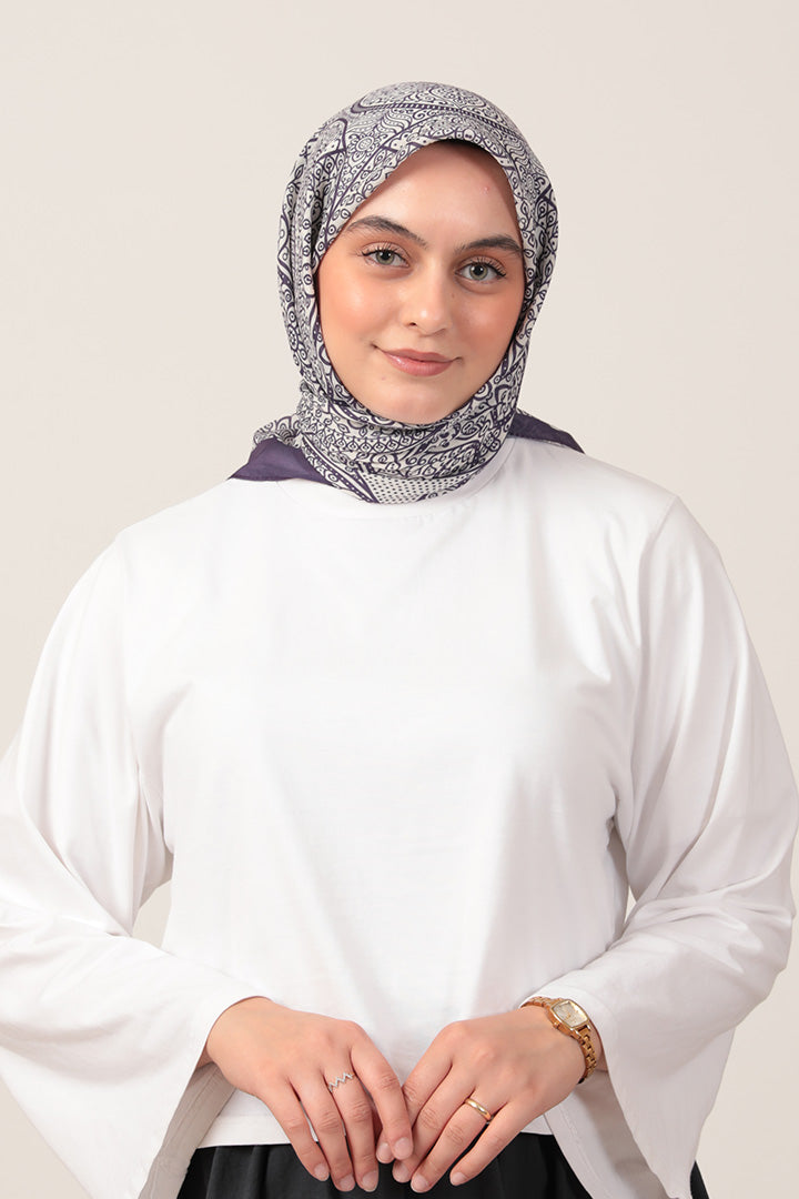 Pamuk İpek Eşarp - Sarmaşık Desen - Mor Ekru