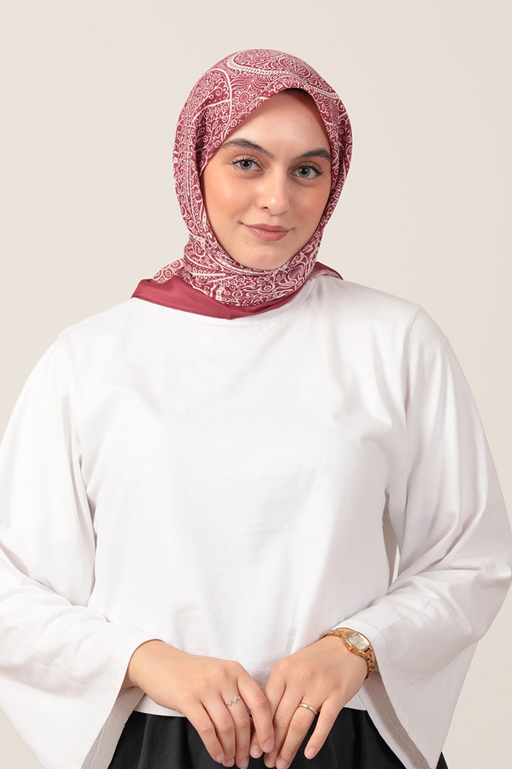 Pamuk İpek Eşarp - Sarmaşık Desen - Bordo