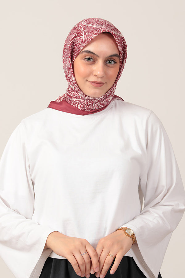 Pamuk İpek Eşarp - Sarmaşık Desen - Bordo