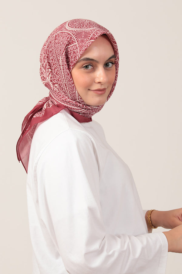 Pamuk İpek Eşarp - Sarmaşık Desen - Bordo