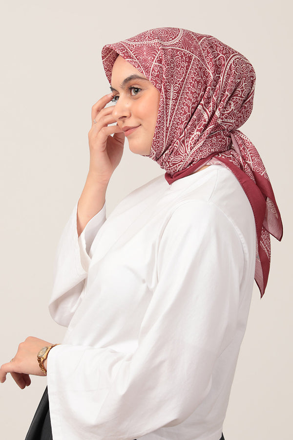 Pamuk İpek Eşarp - Sarmaşık Desen - Bordo