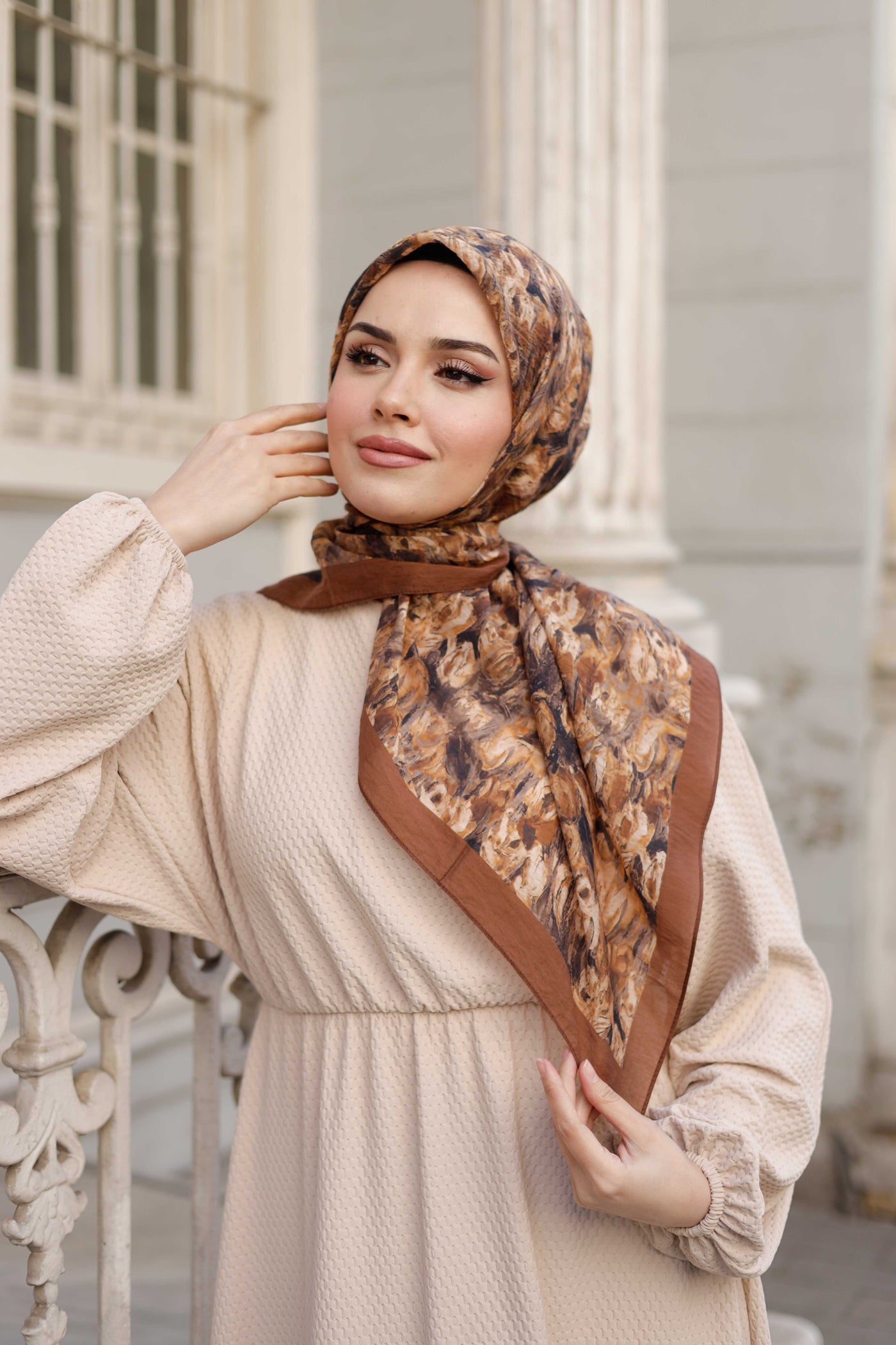 Tensel Eşarp - Batik Desen - Kahverengi