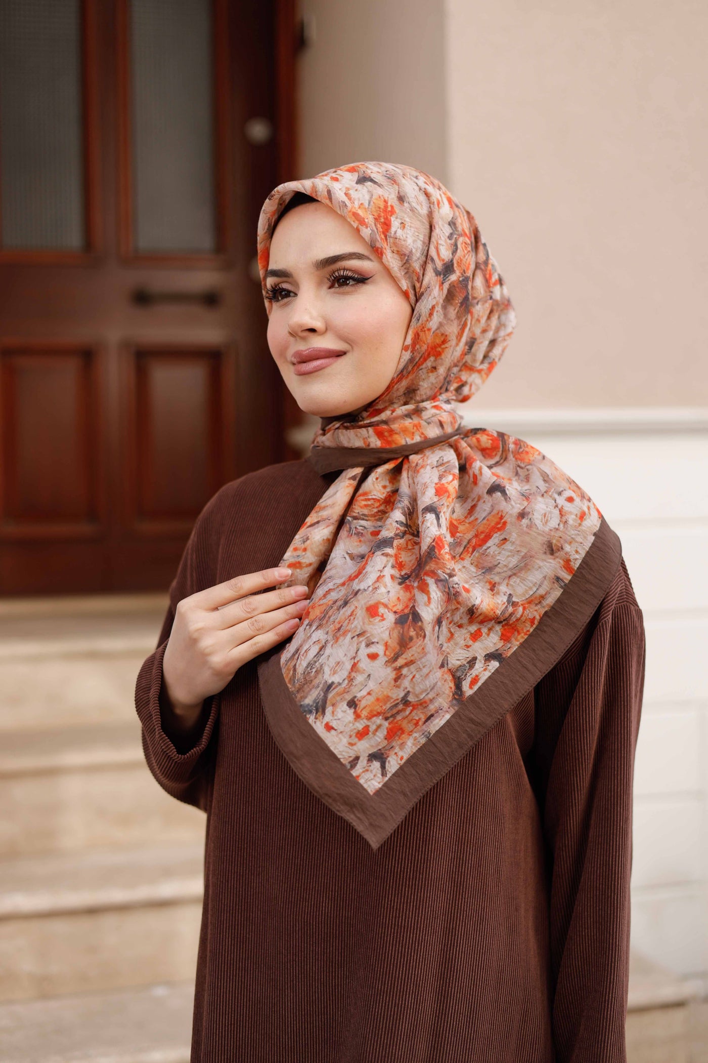 Tensel Eşarp - Batik Desen - Kahve Turuncu