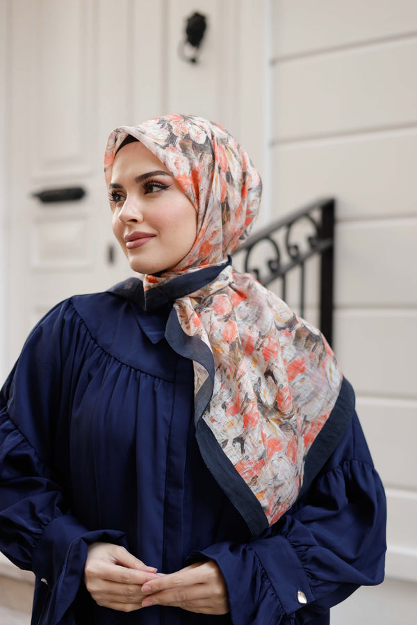 Tensel Eşarp - Batik Desen - Pudra Lacivert