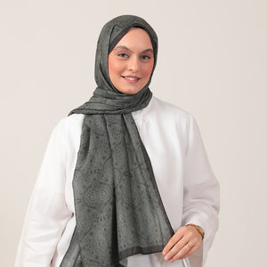 Pamuk İpek Şal - Mandala Desen - Haki Yeşili